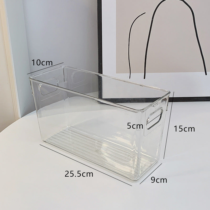 Flache transparente Aufbewahrungsbox mit integrierten Griffen und rutschfestem Boden