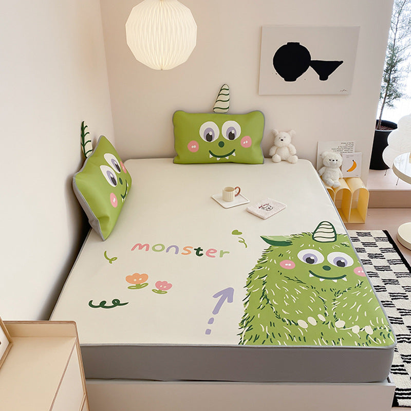 Kinder-Bettwaren-Set mit Monster-Print, Spannbettlaken und Zierkissen aus weicher Mikrofaser