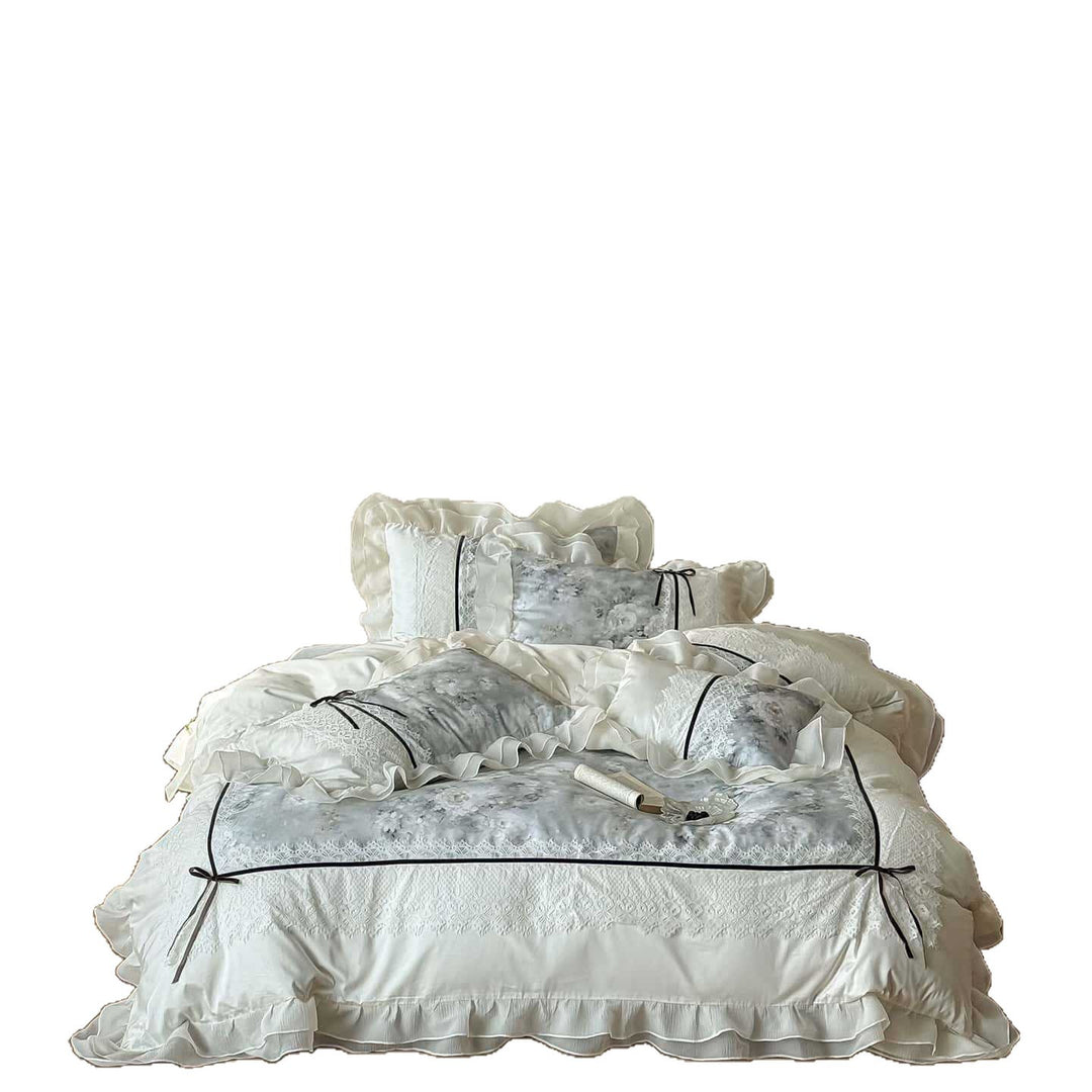 luxuriöses romantisches Bettwäsche-Set mit Spitzenbordüre und Volants