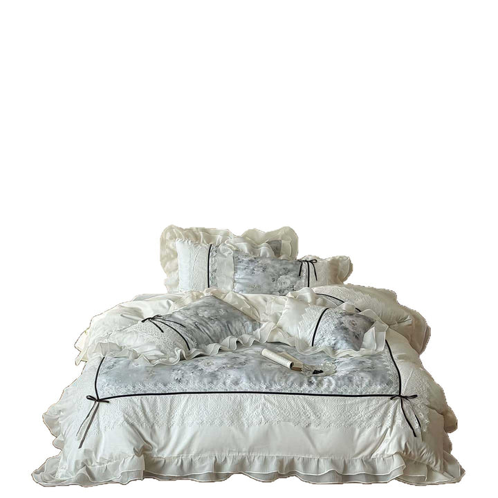 luxuriöses romantisches Bettwäsche-Set mit Spitzenbordüre und Volants