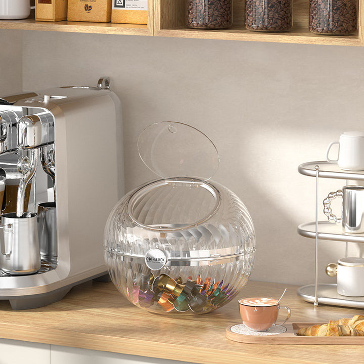 Kugelförmiger Kaffeekapselspender aus klarem Acryl mit Klappdeckel