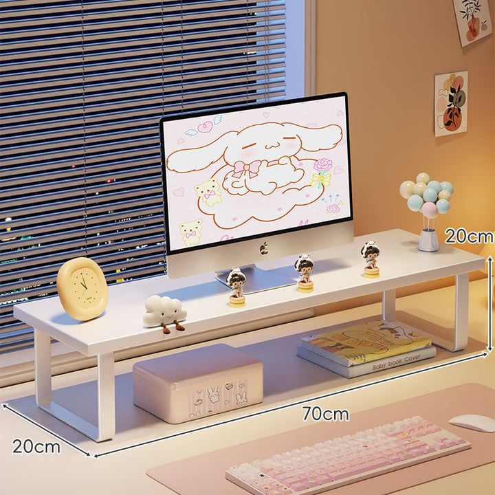 Kompakte Holz-Desktop-Monitorerhöhung mit Metallbeinen und unterer Ablagefläche