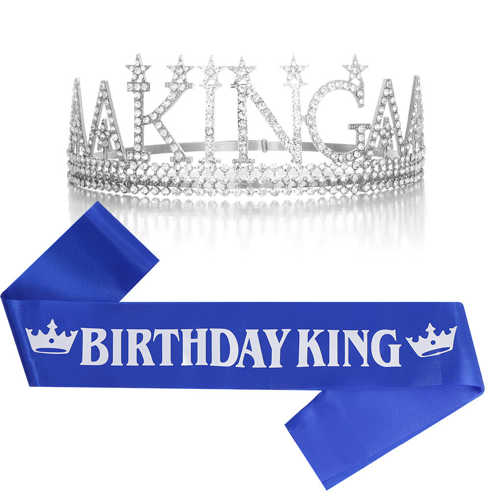 Damen Glitzernde Geburtstagskrone mit einem regalem "Birthday King"-Schärpen-Set Karnz