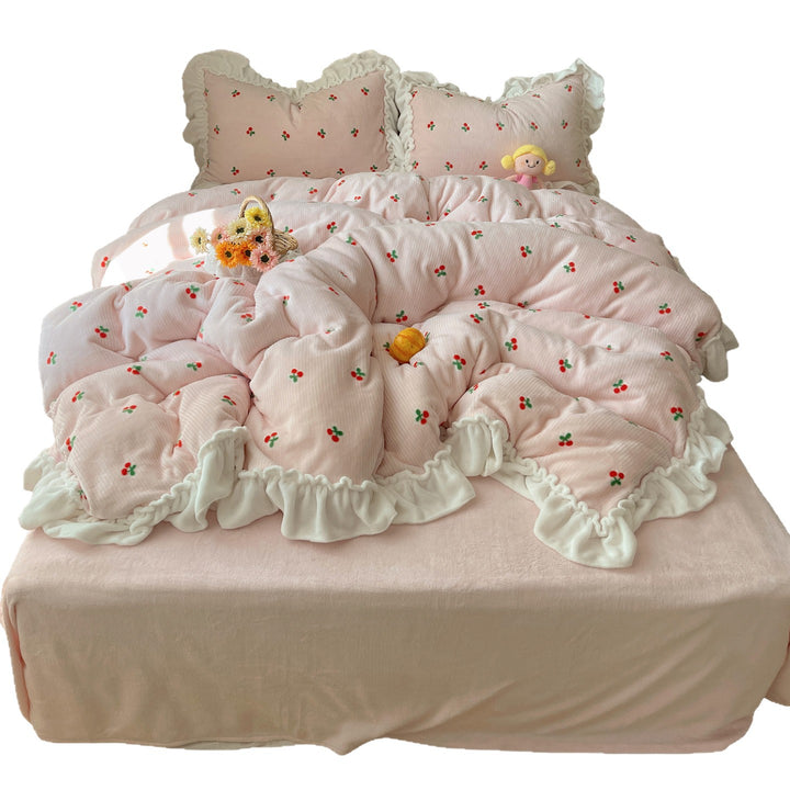 Rüschendruck-Kirsch-Quilted Bettdecke und Kissenbezug Set