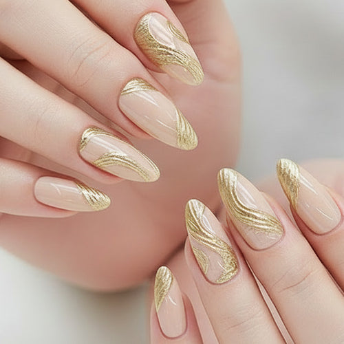 Künstlerisches Press-On Nagelset mit goldener Wirbel-Design Karnz