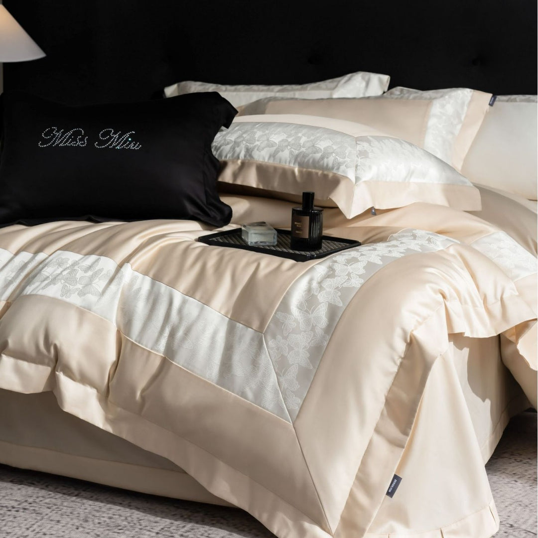 Ultra-weiches Satin-Jacquard-Bettbezug-Set mit bestickten Oxford-Kissenbezügen