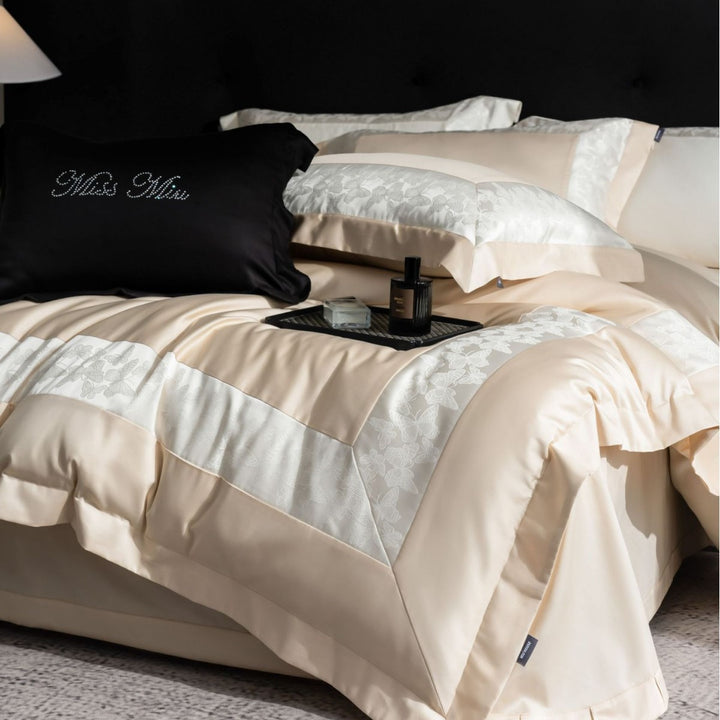 Ultra-weiches Satin-Jacquard-Bettbezug-Set mit bestickten Oxford-Kissenbezügen