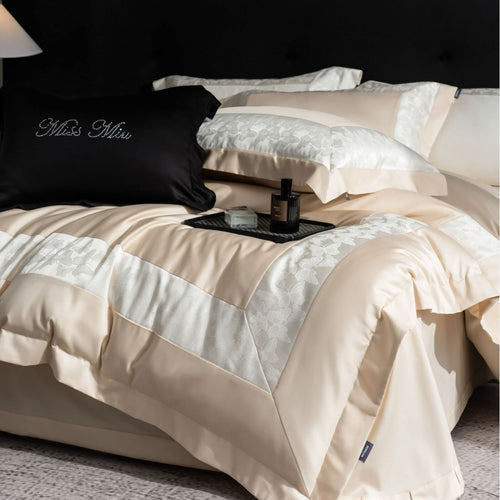 Ultra-weiches Satin-Jacquard-Bettbezug-Set mit bestickten Oxford-Kissenbezügen