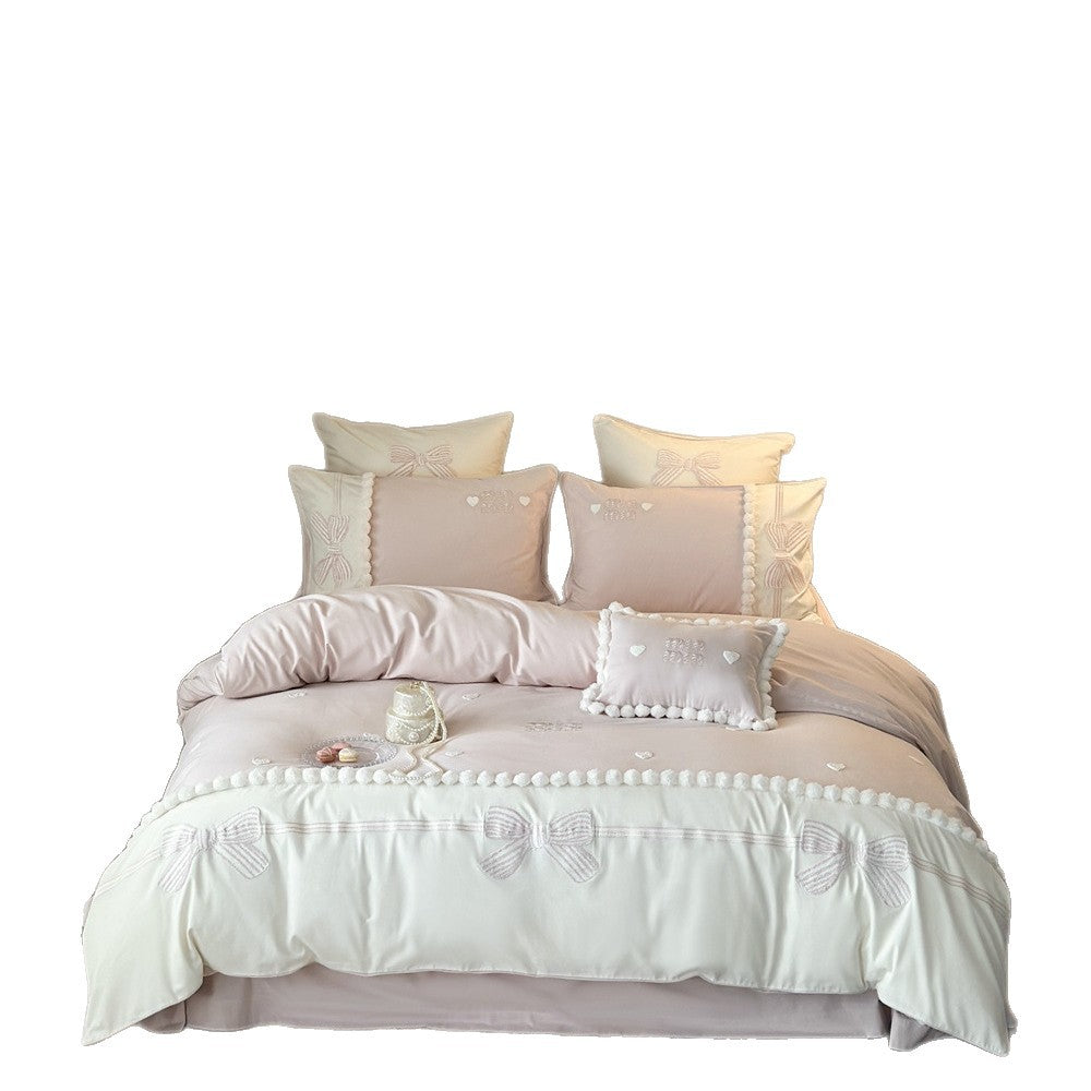 Bestickte Schleife und Pom-Pom Besatz Luxus Bettbezug Set