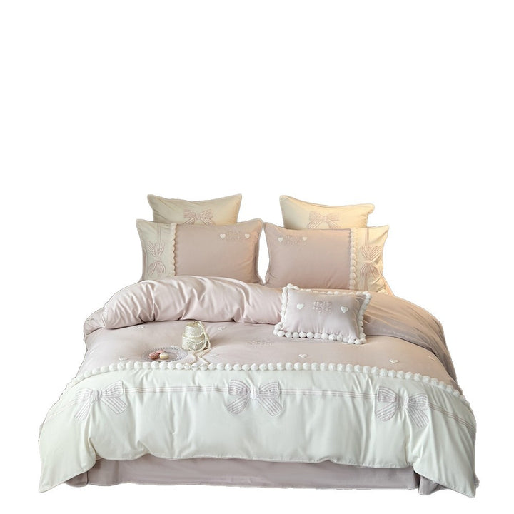 Bestickte Schleife und Pom-Pom Besatz Luxus Bettbezug Set