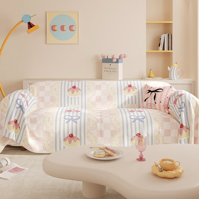 Reversible Stretch Sofa Slipcover with Pastel Cartoon Patchwork Texture