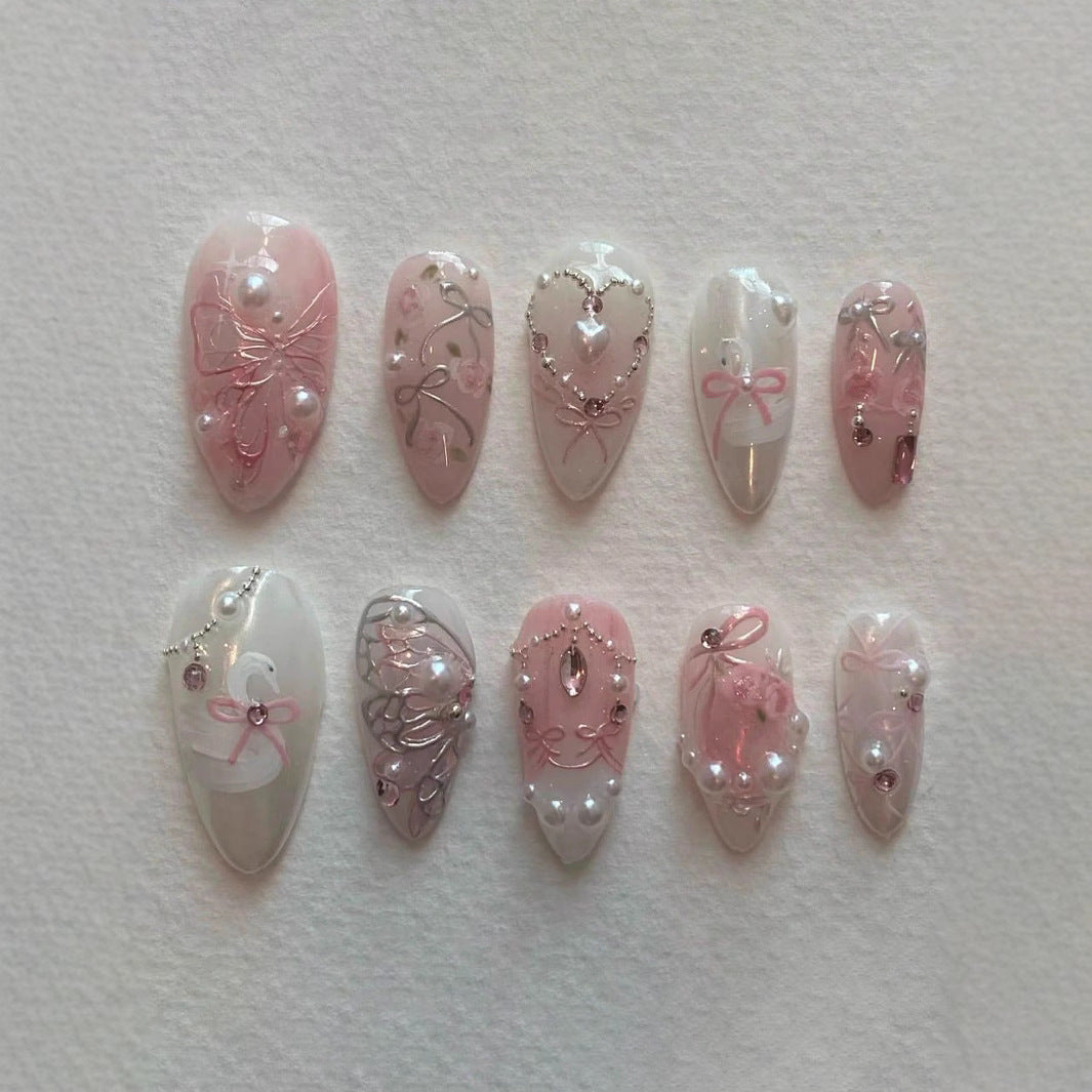 Dekorative 3D Schleife und Perle Press-On Nagelkunst Karnz