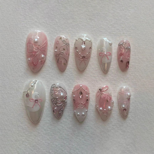 Dekorative 3D Schleife und Perle Press-On Nagelkunst Karnz