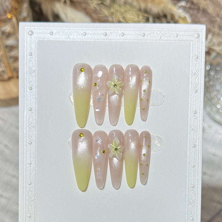 Elegantes langes Stiletto Press-On Nagelkunstset mit floralen Akzenten Karnz