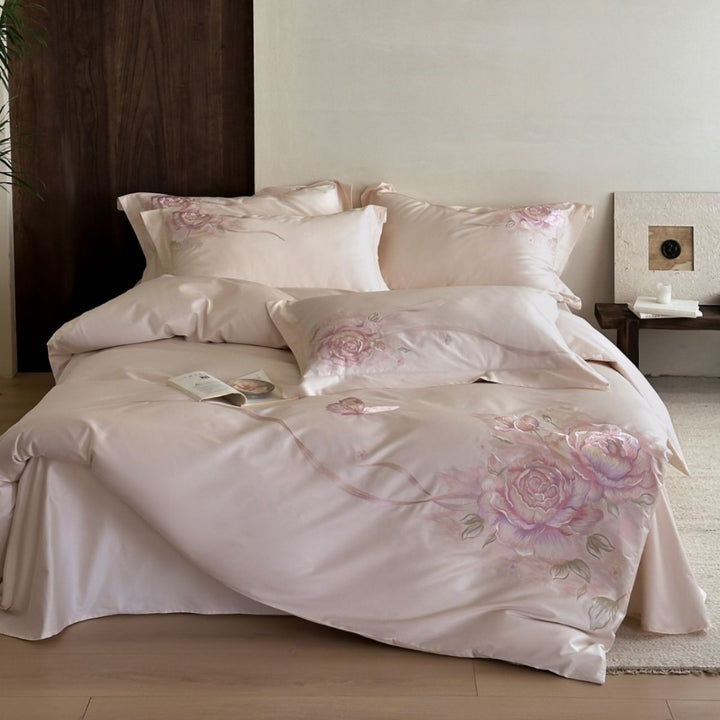 Luxuriöser Seidenglatte Floral Bestickter Bettbezug & Kissenbezug Set