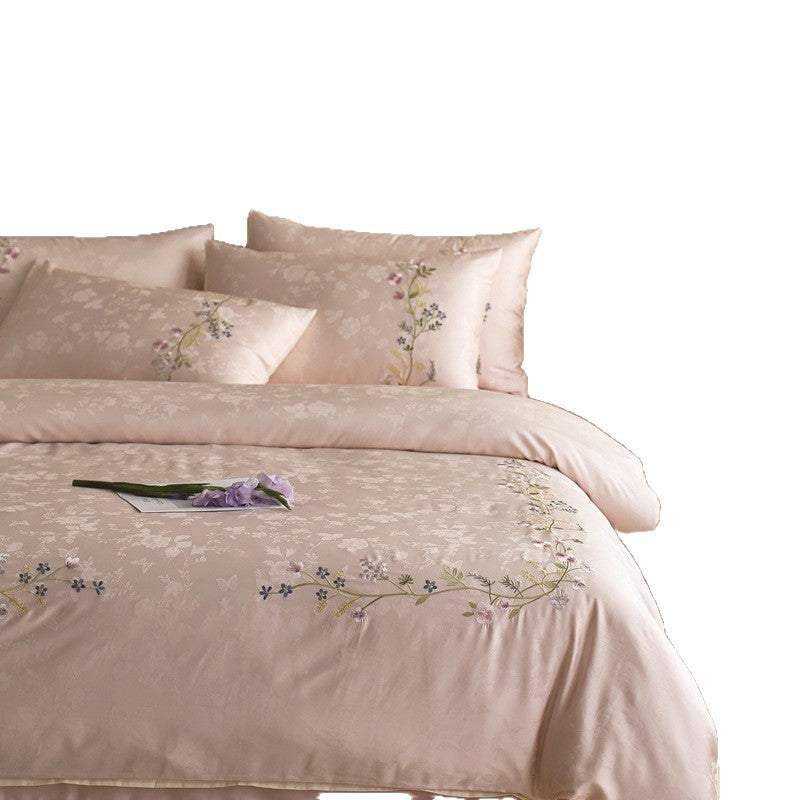 Botanisches Jacquard-Baumwollsatin Bettbezug-Set mit zarten Zweigstickereien und Umschlagkissenbezügen