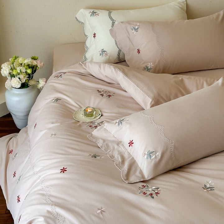 Bestickte Baumwollsatin Blumen Bettwäsche Set