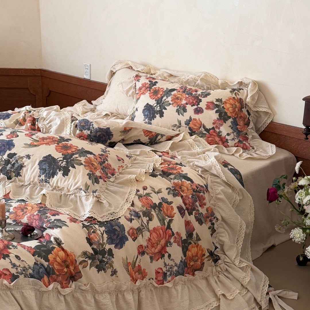 Florales Rüsch Baumwoll-Leinen Bettbezug Set mit Spitzenbordüre und Euro-Kissenbezügen