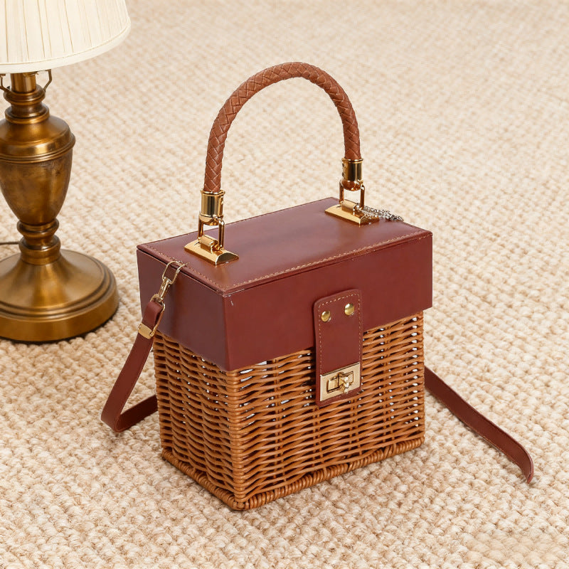 Damen Stilvoller Korb mit elegantem Lederdeckel und geflochtenem Design Karnz