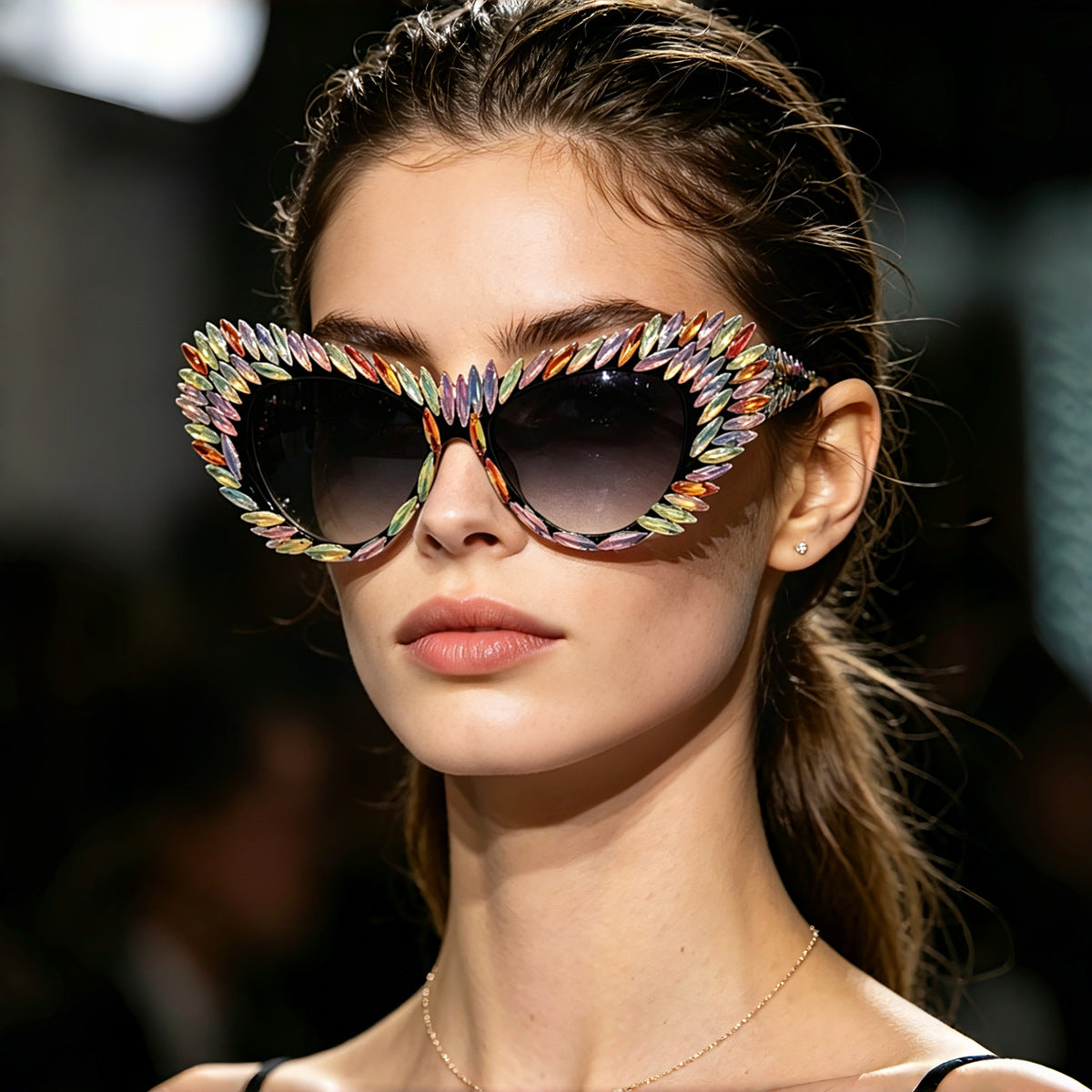 Damen extravagante Cat-Eye Sonnenbrille mit vielfältigen Schmuckdetails Karnz