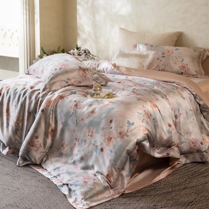 Seideneffekt Blumensatin Bettbezug Set mit wendbarem Rückenteil & verstecktem Reißverschluss