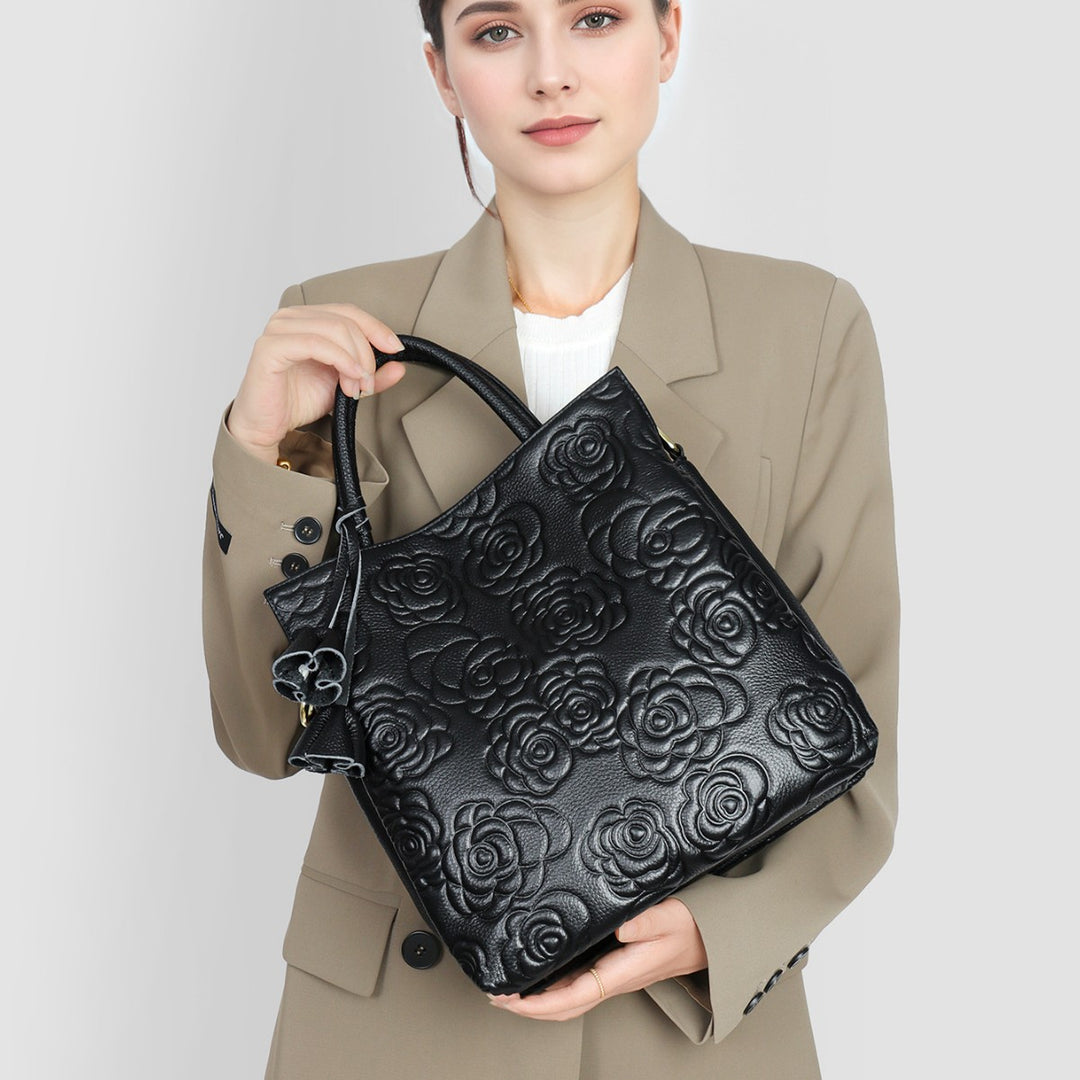 Prägung Floral Vegan Leder Top-Handle Tote mit abnehmbaren Crossbody-Träger