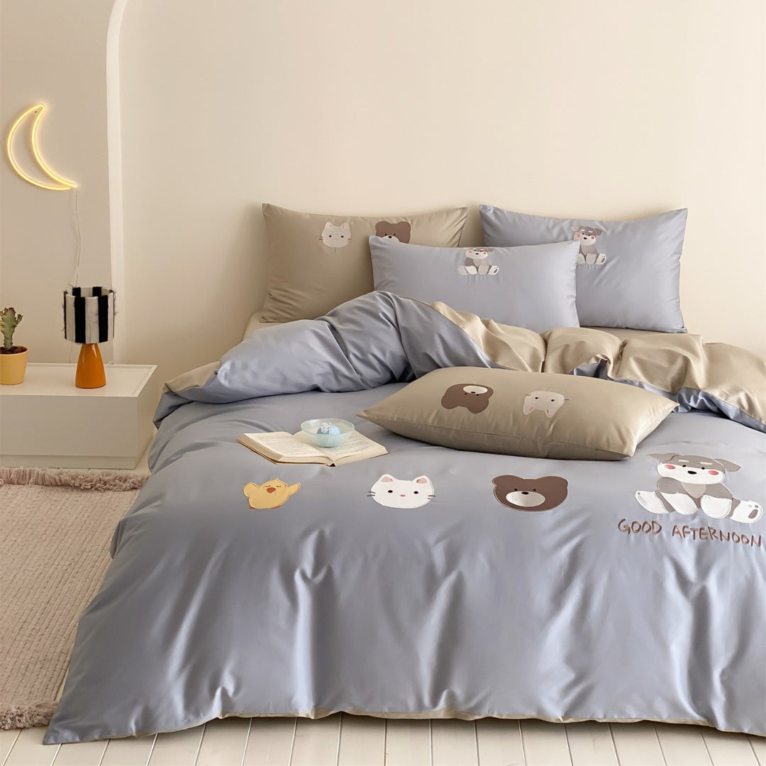 Verspielter Tierdruck Wendbare Baumwollsatin Bettbezug und Kissenbezug Set