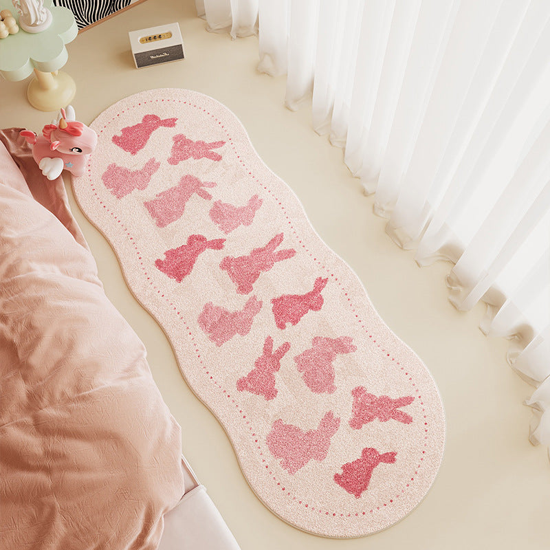 Children's Scalloped-Edge Plush Runner Rug with Pink Bunny Silhouette Pattern