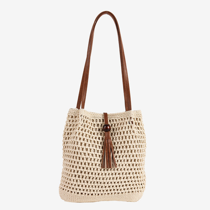 Damen Henkeltasche aus handgearbeitetem Makramee mit stylischem Lederriemen Karnz