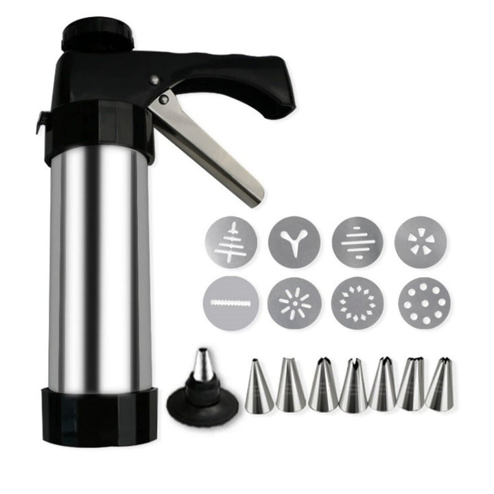 Trigger-Action Stainless Cookie Decorating Press and Icing Gun with Interchangeable Stainless Nozzles and Decorative Discs