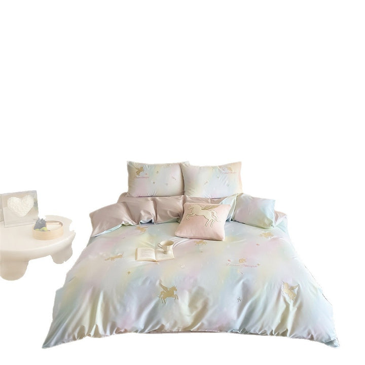 Pastell-Bettbezug-Set mit Einhornstickerei und seidenweichem Satin