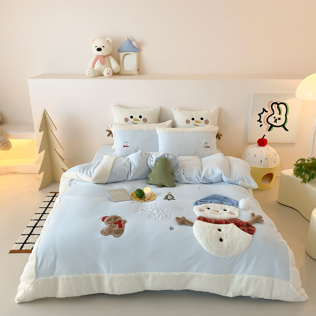Kindermantel Sherpa-Besatz bestickte Schneemann Bettwäsche Set mit Kissenbezügen