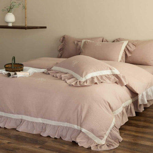 Ruffled Linen Duvet Cover Set with Embroidered Monogram