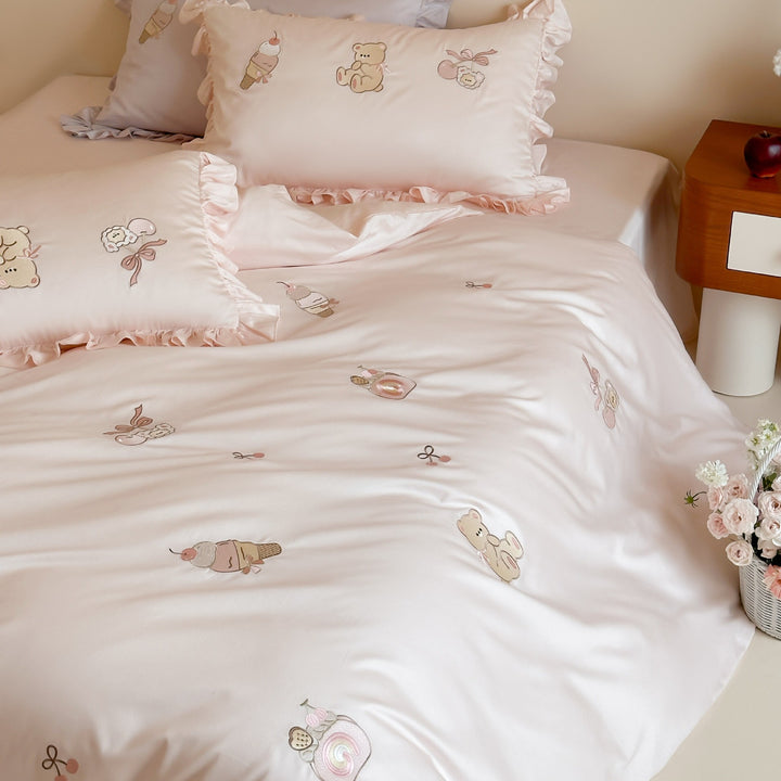 Rüschentiertes besticktes Baumwollsatin-Bettbezug-Set mit Teddy- und Eiscreme-Motiven