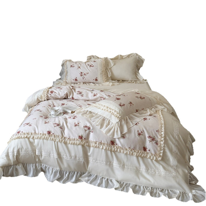 Vintage-Rosen-Druck Rüschensatin Steppbettbezug Ensemble