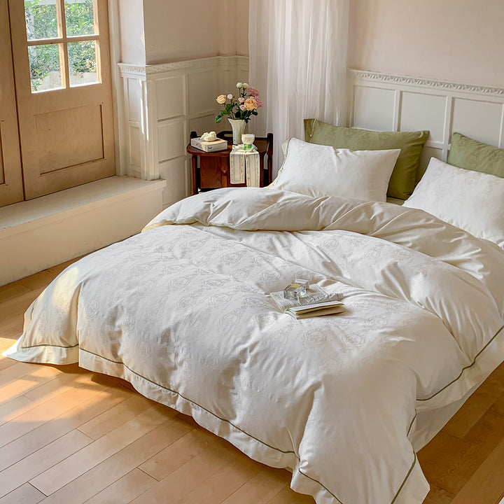 Premium Jacquard-Baumwoll-Satin Bettwäsche-Set mit subtiler Medaillon-Webart und Kontrastpaspel