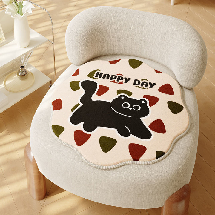 Decorative Scalloped Round Chair Seat Cushion Pad with Cartoon Cat and Polka Dot Print