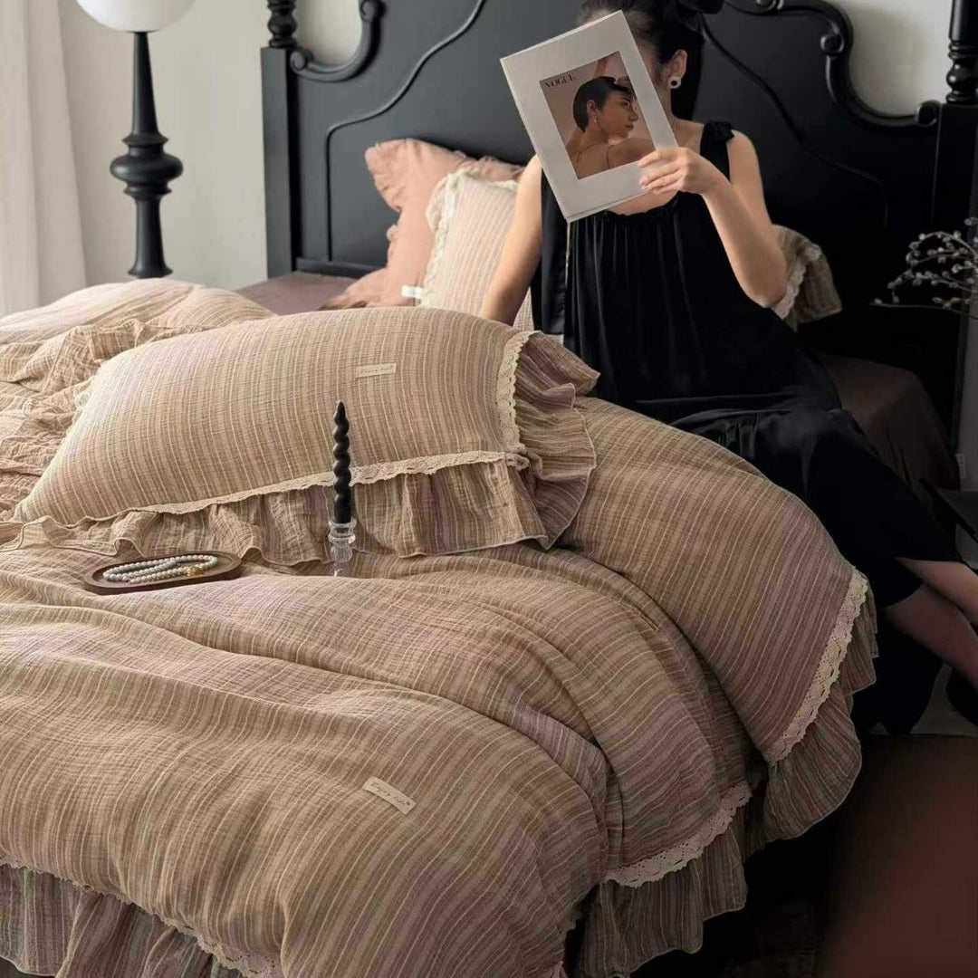 Vintage-Textured Gauze Duvet Cover Set with Layered Ruffle Hem & Crochet Lace Edge