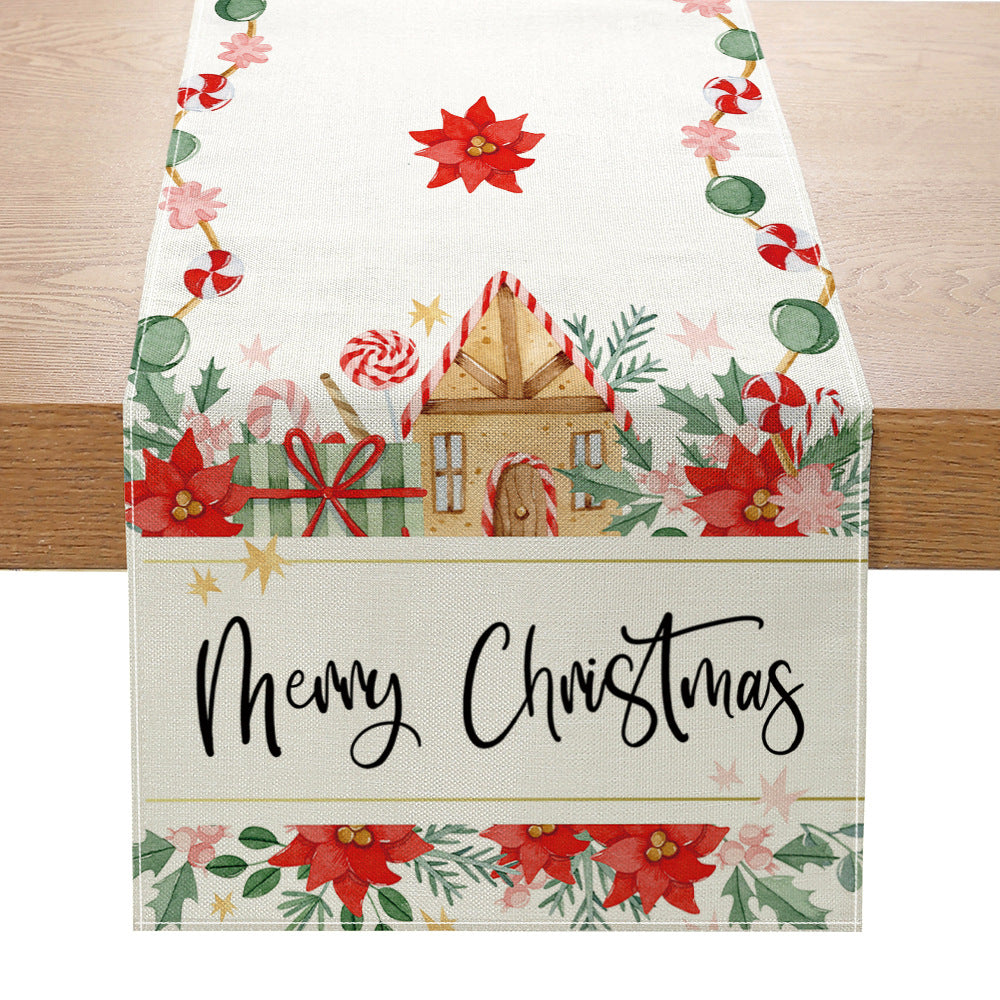 Festive Buffalo-Check Leinen-Textur Weihnachts Tischläufer mit Baum und Schaukelpferd Druck