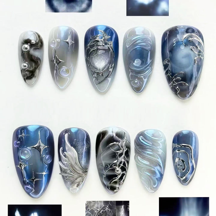 Künstlerisches Druck-Nagelkunst-Set mit eleganten blauen Designs