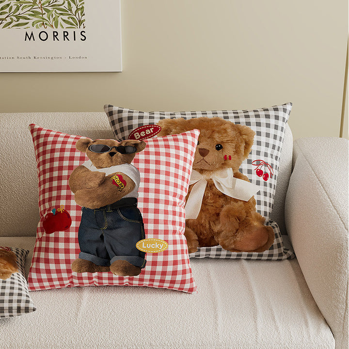 Square Decorative Throw Pillow Cover with Cute Cartoon Cat Illustration and Vertical Pink Stripe Linen-Blend