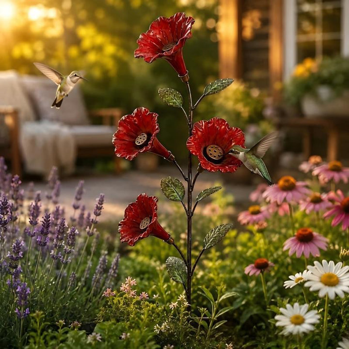 Stabiles Garten-Deko-Büschel mit Blüten und Hummingbird Karnz