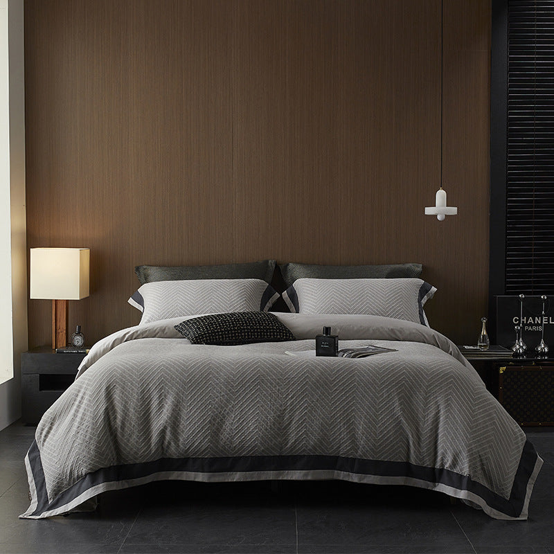 Chevron Matelassé Baumwollbettbezug-Set mit Kontrastsaum und verdecktem Verschluss