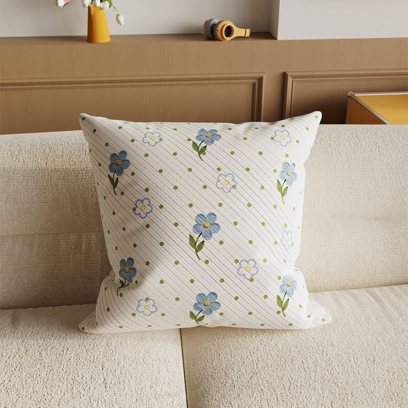 Decorative Embroidered Floral Cotton-Linen Throw Pillow Cover with Diagonal Rib Texture