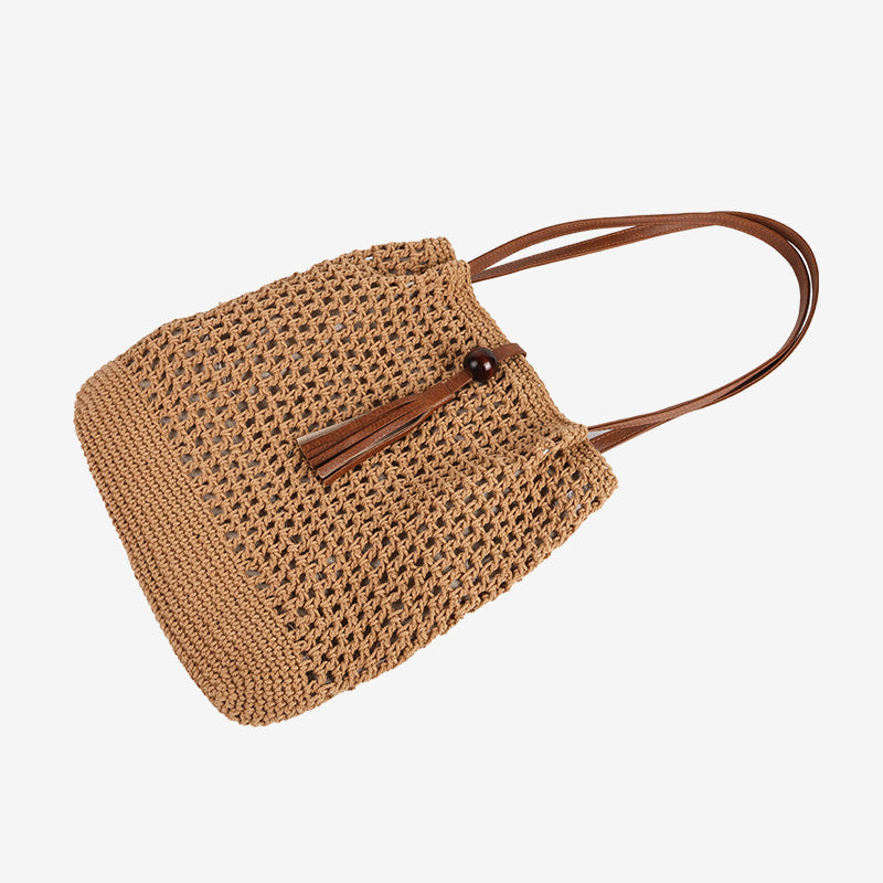 Damen Henkeltasche aus handgearbeitetem Makramee mit stylischem Lederriemen Karnz