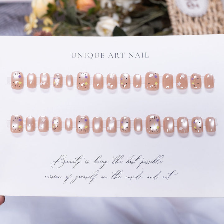 Press-On Nail Set mit Künstlerischem Stern- und Blumenmuster