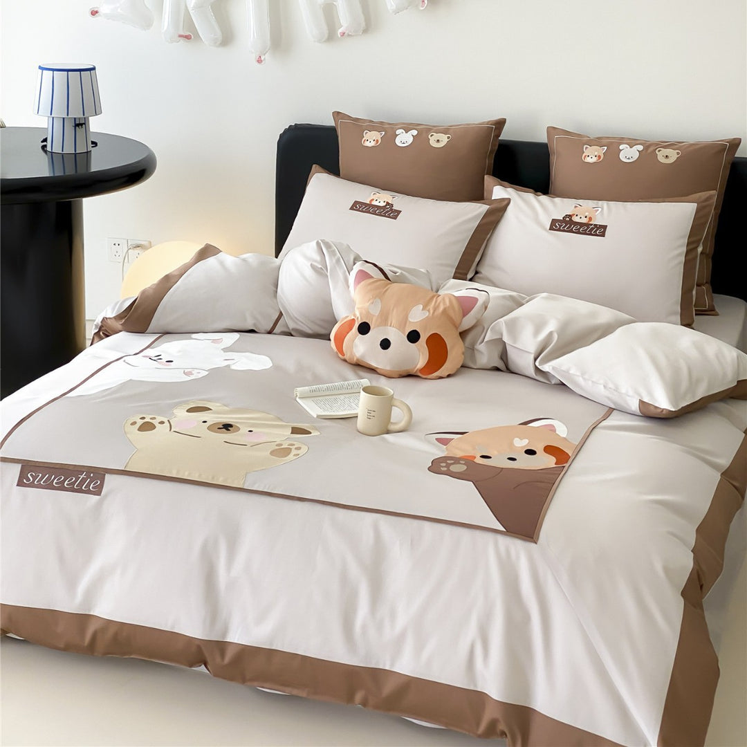 Satin Baumwoll Bettbezug Set mit süßem Tierapplikation