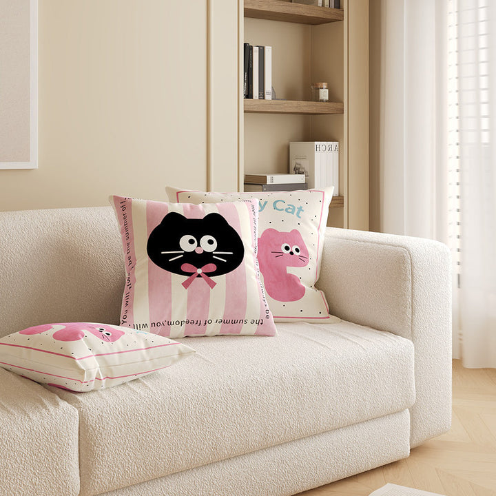 Square Decorative Throw Pillow Cover with Cute Cartoon Cat Illustration and Vertical Pink Stripe Linen-Blend