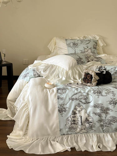 Rüschige Satin-Bettgarnitur im Vintage-Toile-Design mit Volant