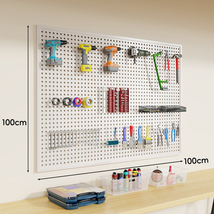 Wandmontiertes perforiertes Metall-Pegboard-Werkzeugorganisator-Panel mit modularen Haken und Aufbewahrungsbehältern